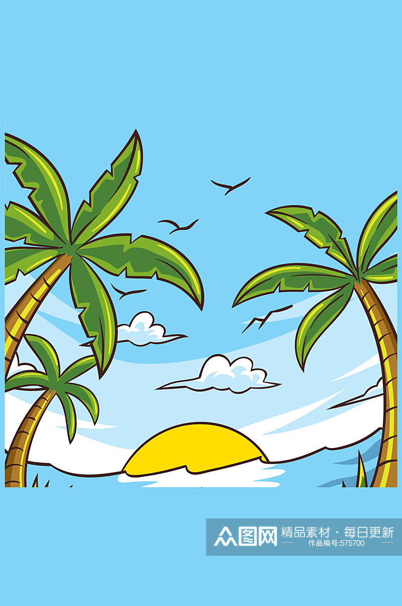 彩绘沙滩椰树风景矢量素材素材