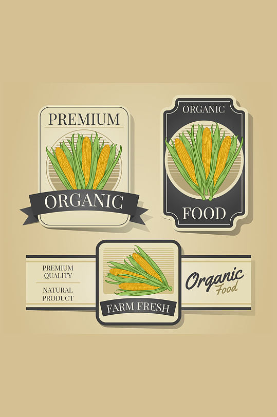 3款彩绘玉米有机农产品标签矢量图