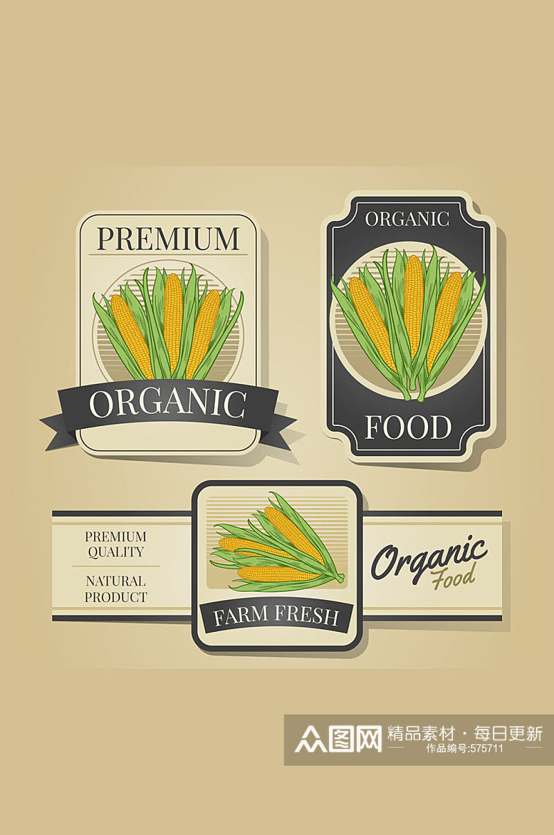 3款彩绘玉米有机农产品标签矢量图素材