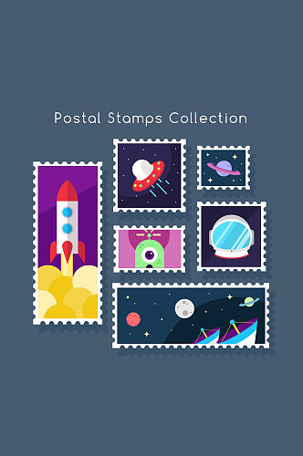 6款创意太空元素邮票矢量图