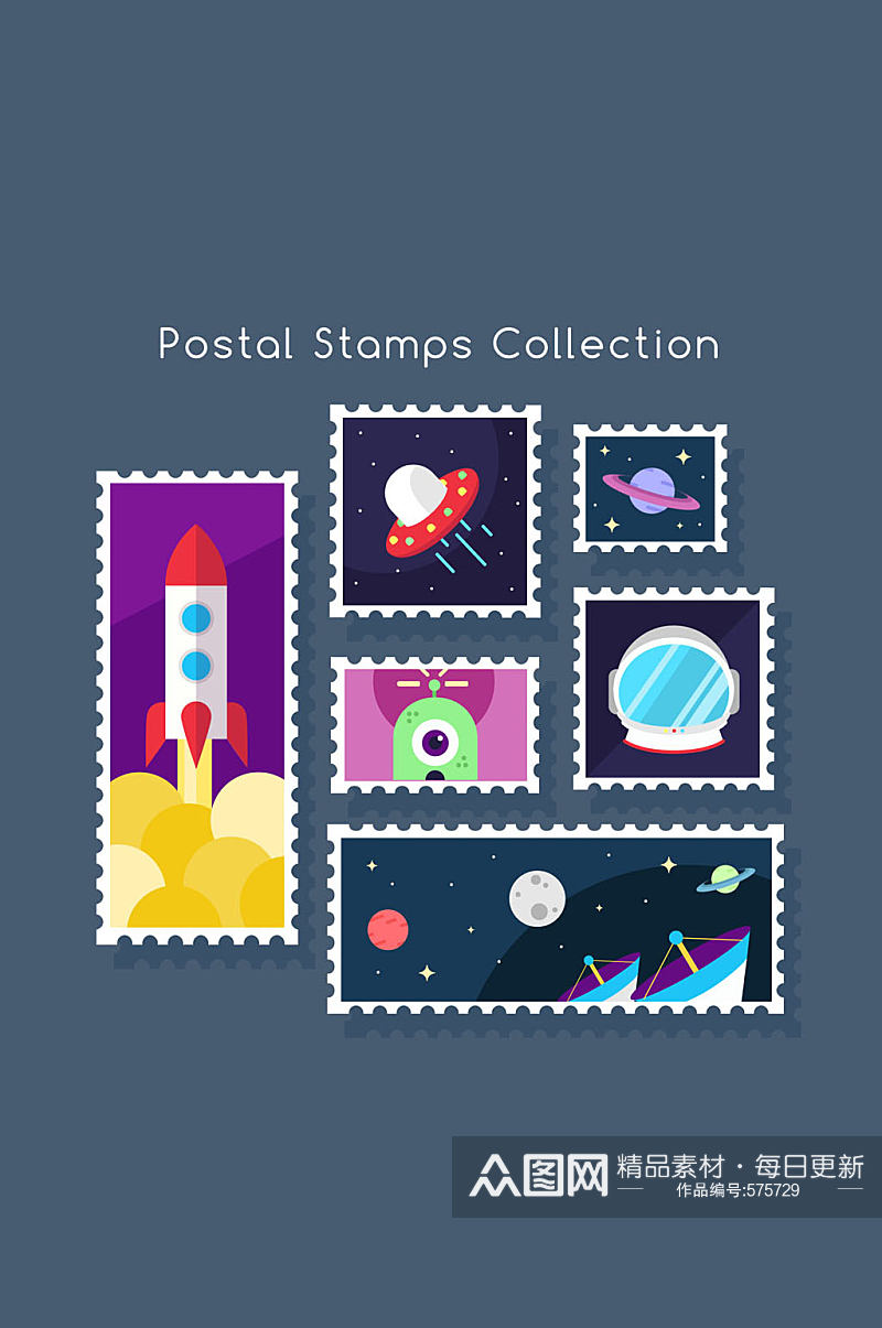 6款创意太空元素邮票矢量图素材