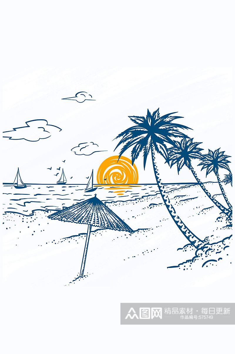 彩绘夏季海滩棕榈树风景矢量素材素材