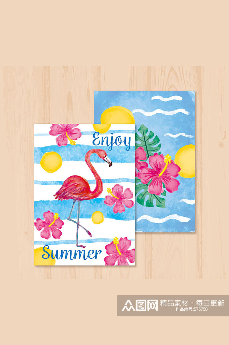 2款彩绘火烈鸟和扶桑花卡片矢量图素材