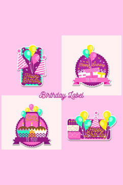 4款紫色生日快乐标签矢量素材