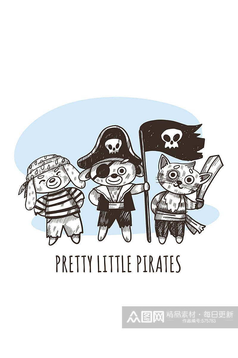 3款彩绘动物海盗设计矢量图素材