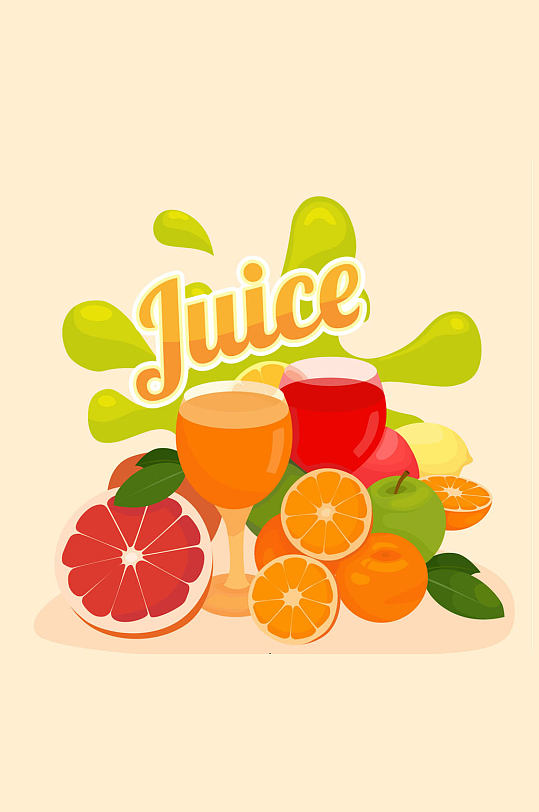彩色新鲜水果和鲜榨果汁矢量图