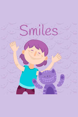 紫色笑脸猫咪和女孩矢量素材