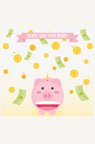 可爱笑脸猪存钱罐和钱币雨矢量图
