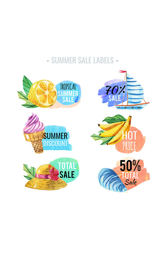 6款水彩绘夏季销售标签矢量图