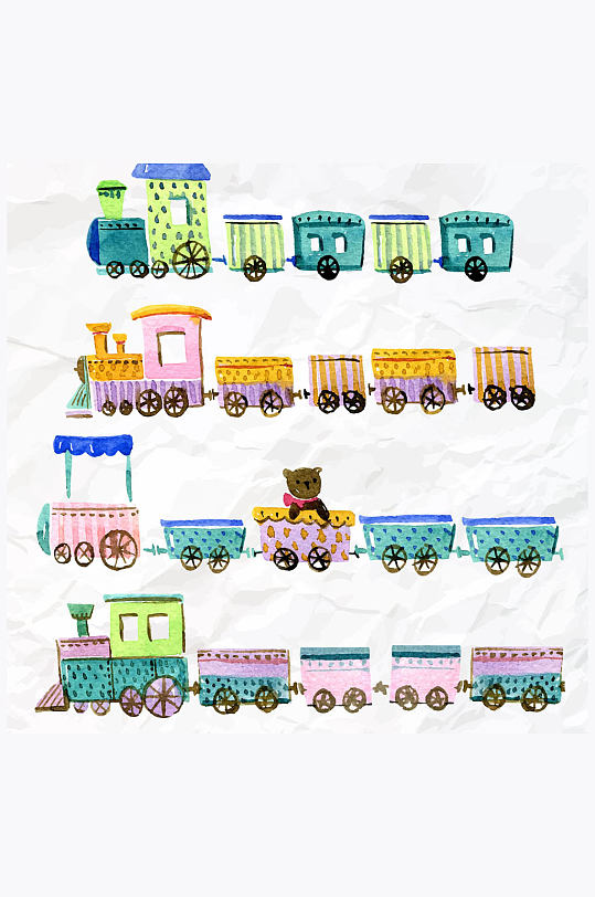 4款彩绘褶皱纸张上的玩具火车矢量图