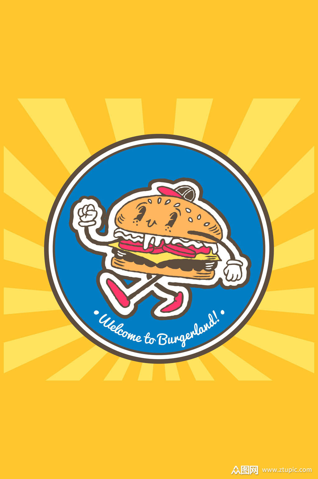 彩绘走路的汉堡包贴纸矢量素材