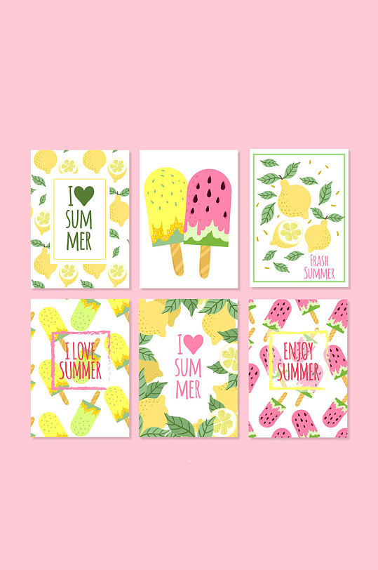 6款彩绘夏季柠檬和雪糕卡片矢量图