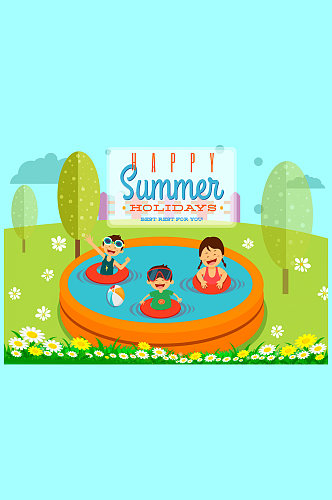 卡通夏季玩水的儿童矢量素材
