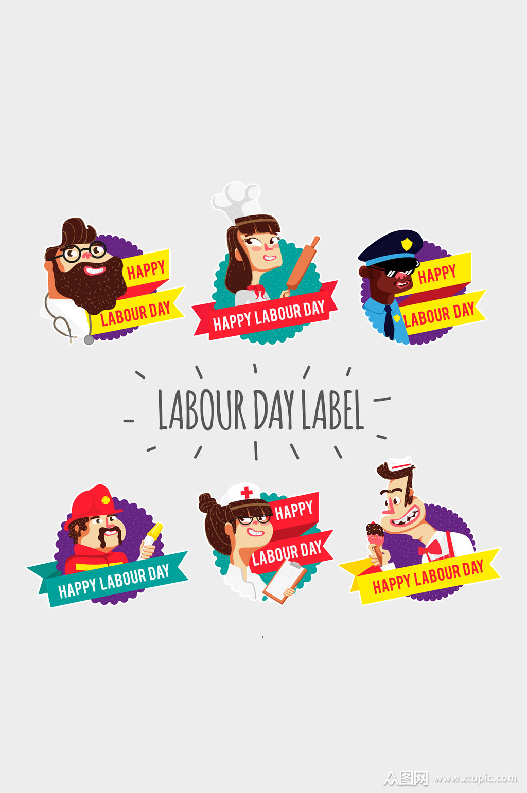 6款创意劳动节人物标签矢量图