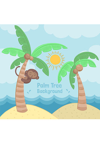 彩绘可爱爬棕榈树的猴子矢量图