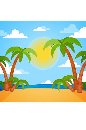 彩色沙滩棕榈树风景矢量图