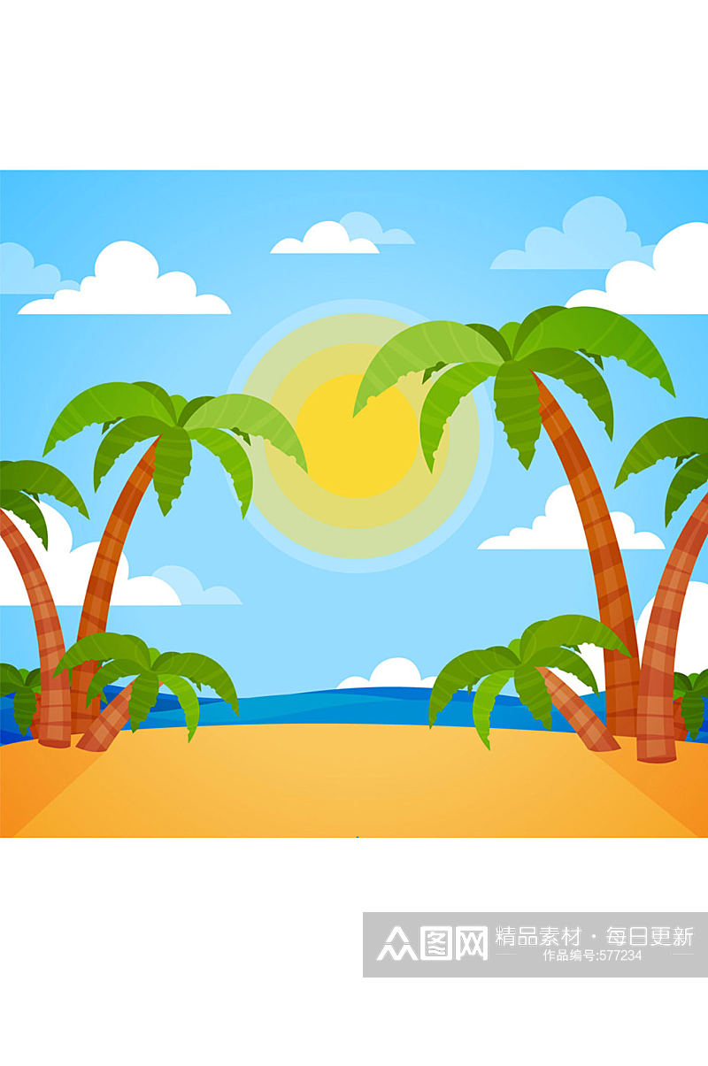 彩色沙滩棕榈树风景矢量图素材