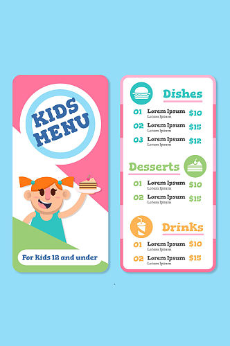 可爱女孩儿童菜单设计矢量图