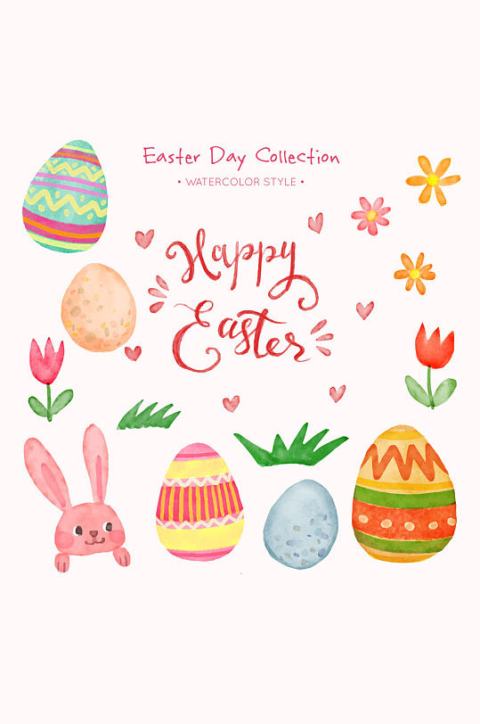 彩绘复活节兔子和6个彩蛋矢量素材 元素