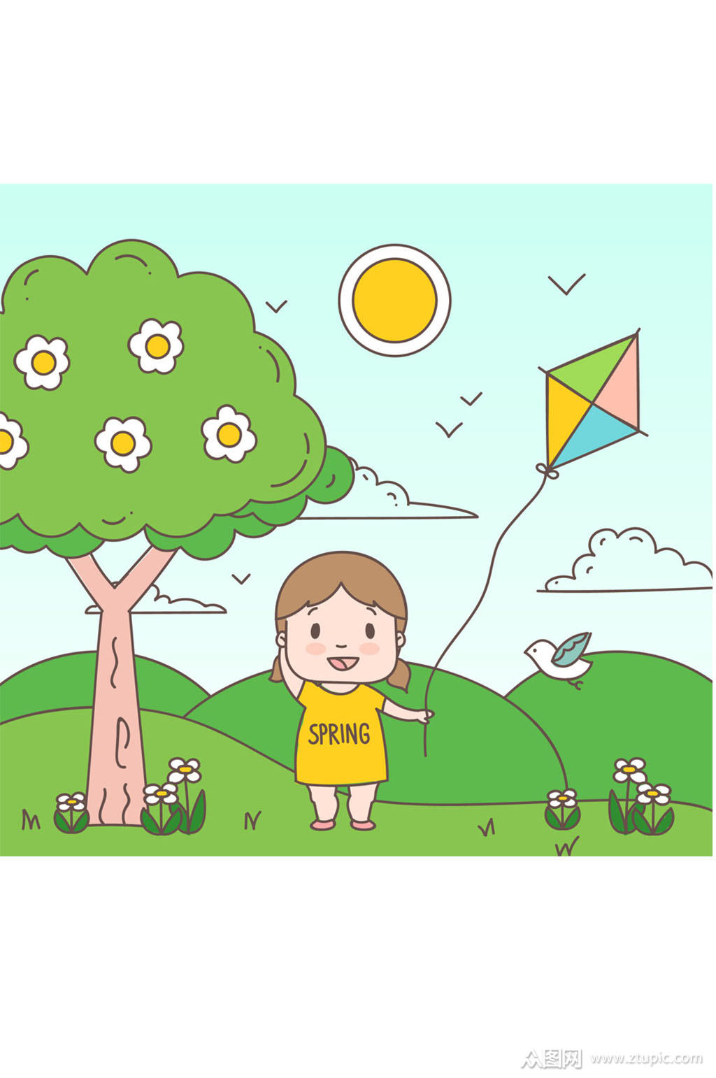 春季郊外放风筝的儿童矢量图