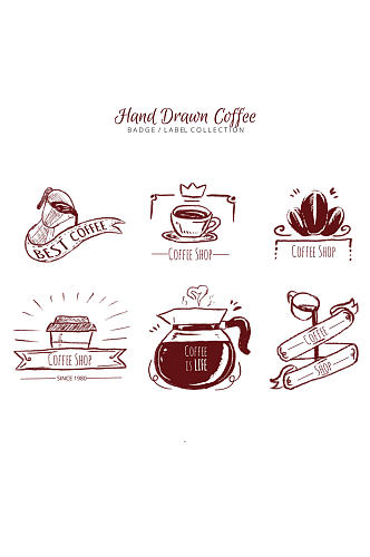 6款手绘咖啡徽章和标签矢量图