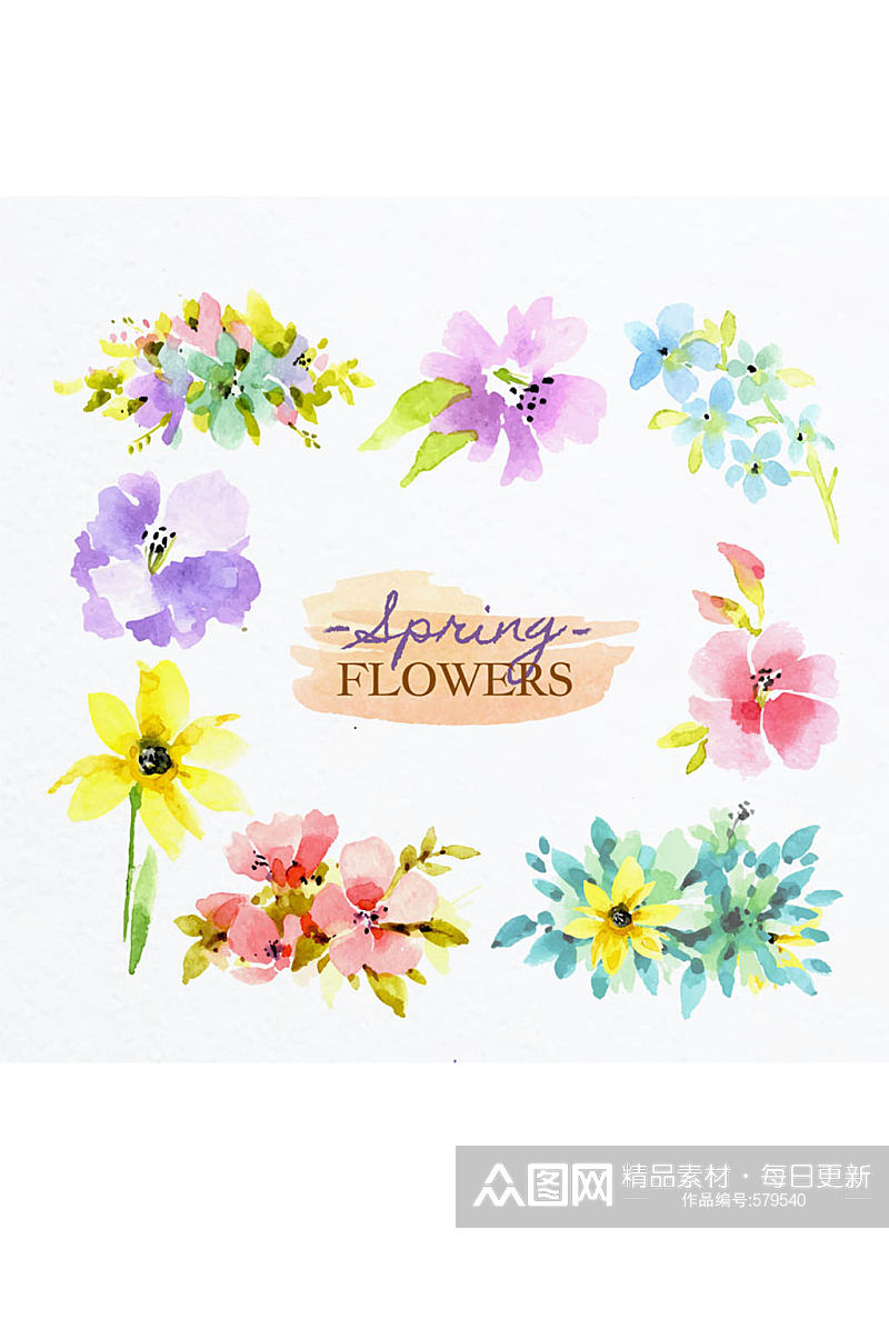 8款水彩绘春季花卉矢量素材素材