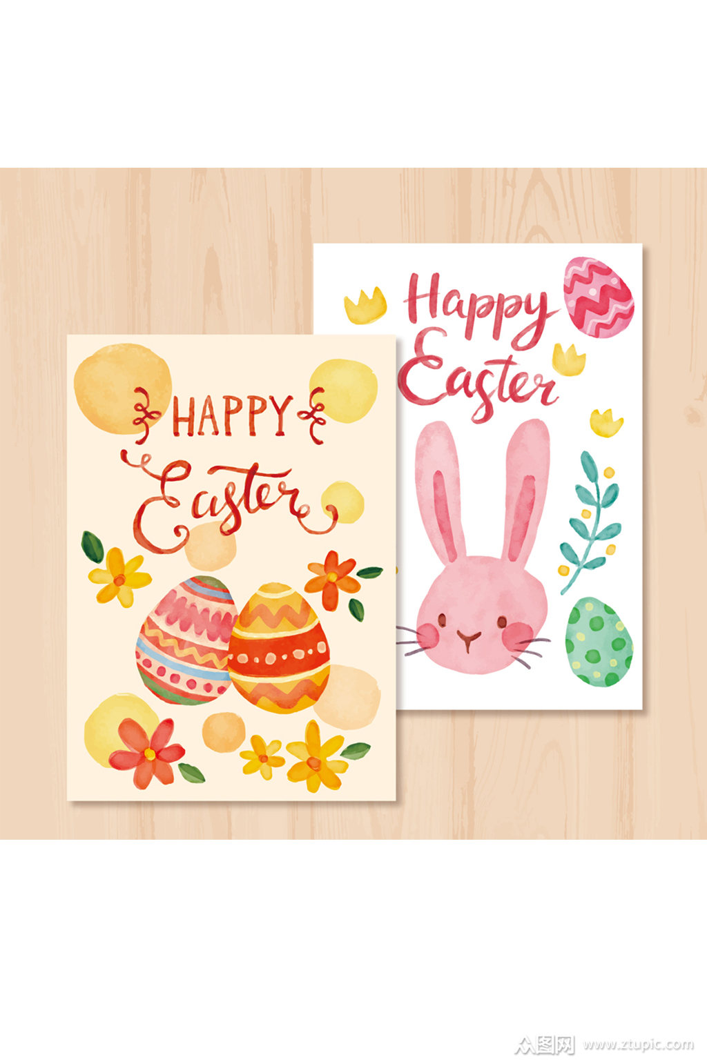 2款彩绘可爱复活节贺卡矢量图