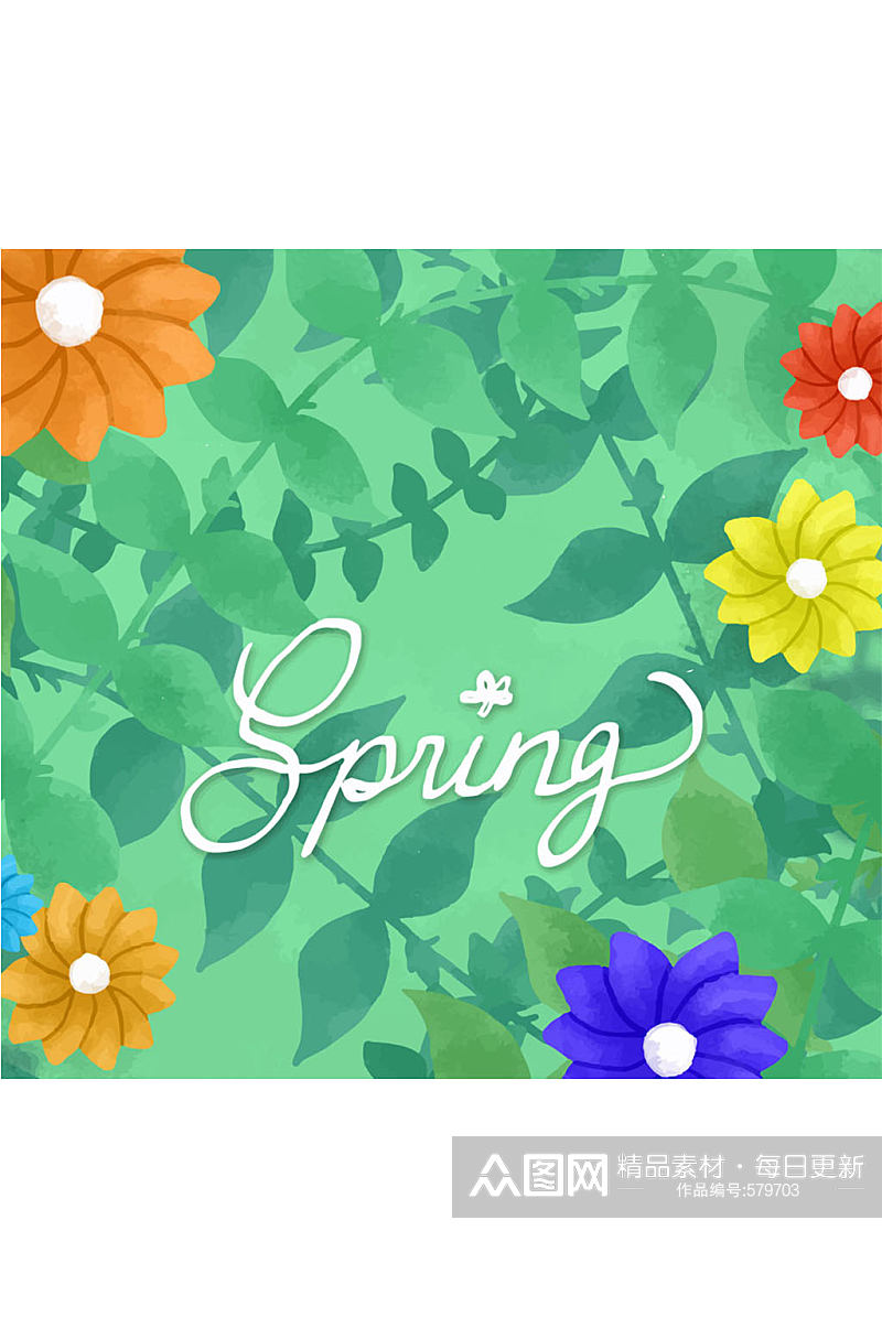 彩色春季花卉和枝叶矢量素材素材