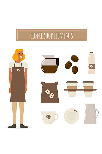 创意女子和8款咖啡店元素矢量图