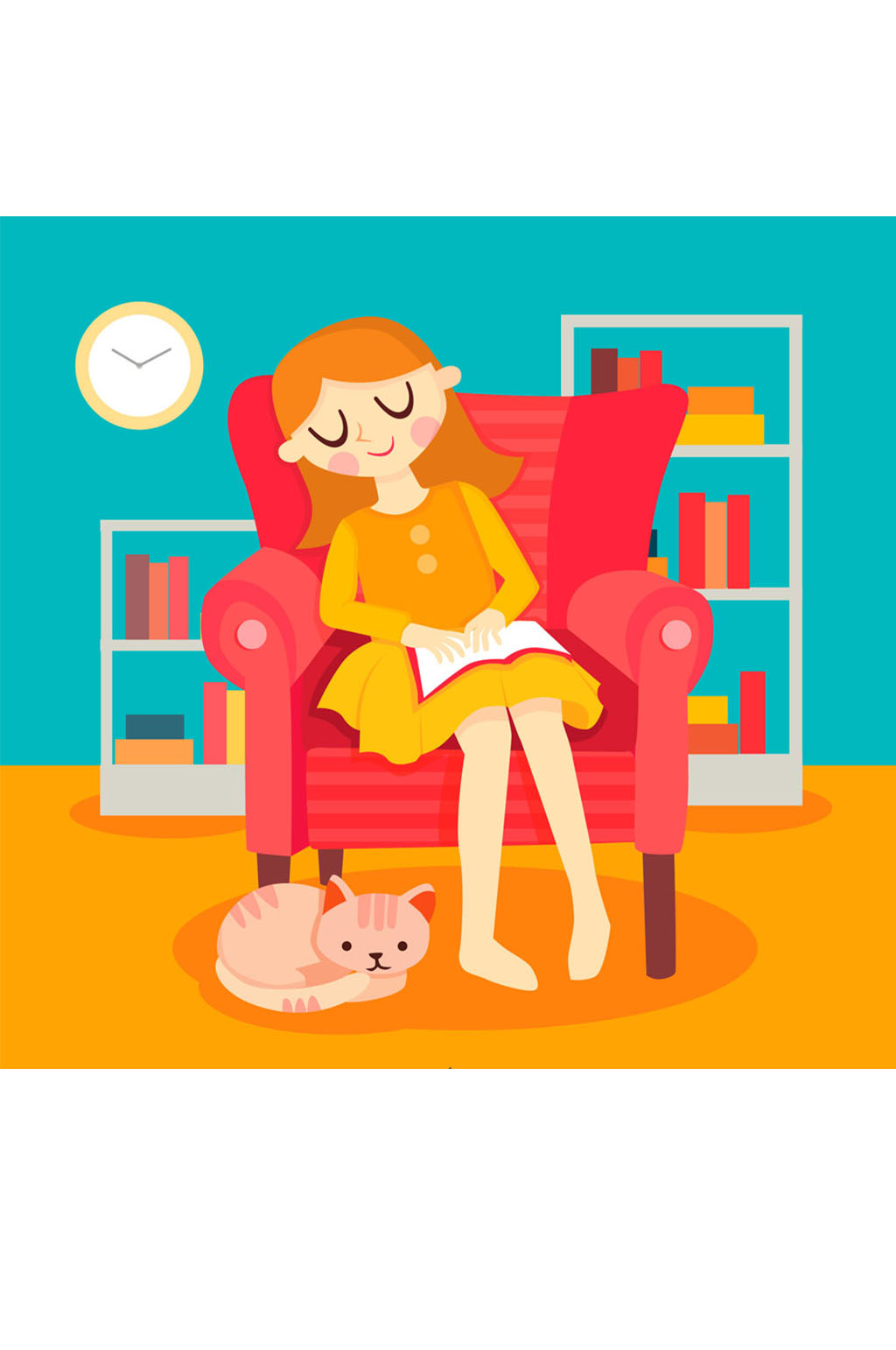 卡通沙发上睡着的读书女孩矢量素材素材