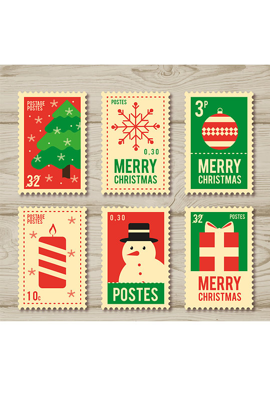 6款彩色圣诞节邮票矢量素材