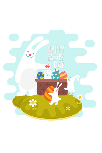 卡通大白兔和彩蛋篮子矢量图