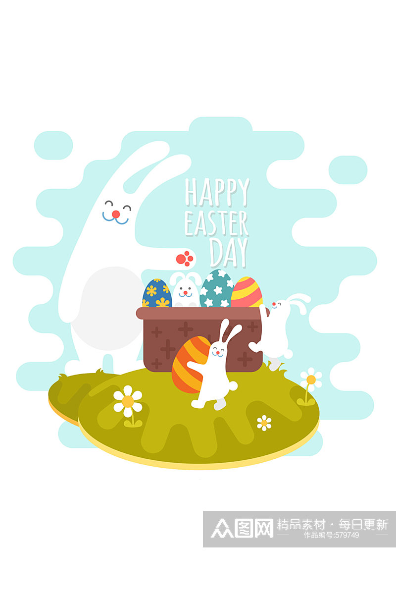 卡通大白兔和彩蛋篮子矢量图素材