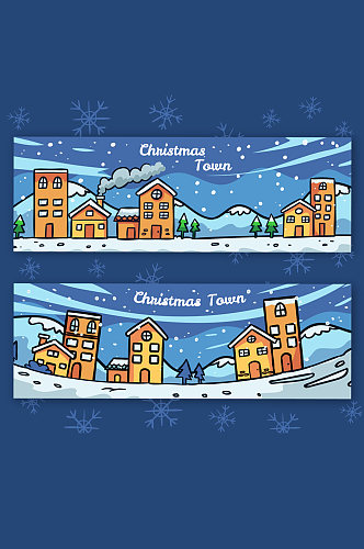 2款彩绘圣诞小镇风景banner矢量素材