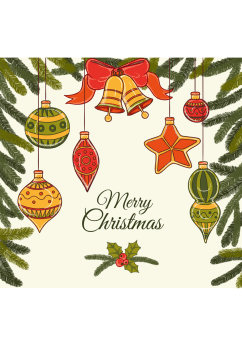 彩绘圣诞松枝和吊球贺卡矢量素材