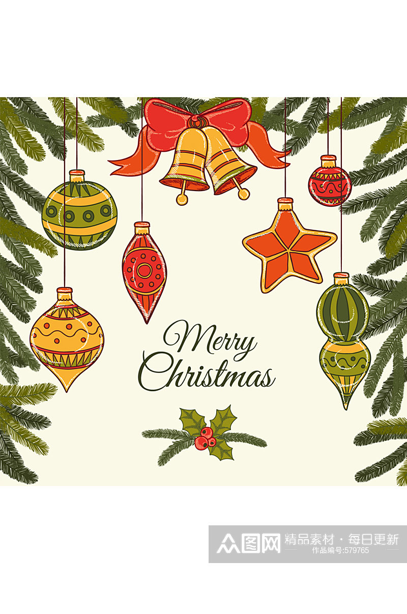 彩绘圣诞松枝和吊球贺卡矢量素材素材