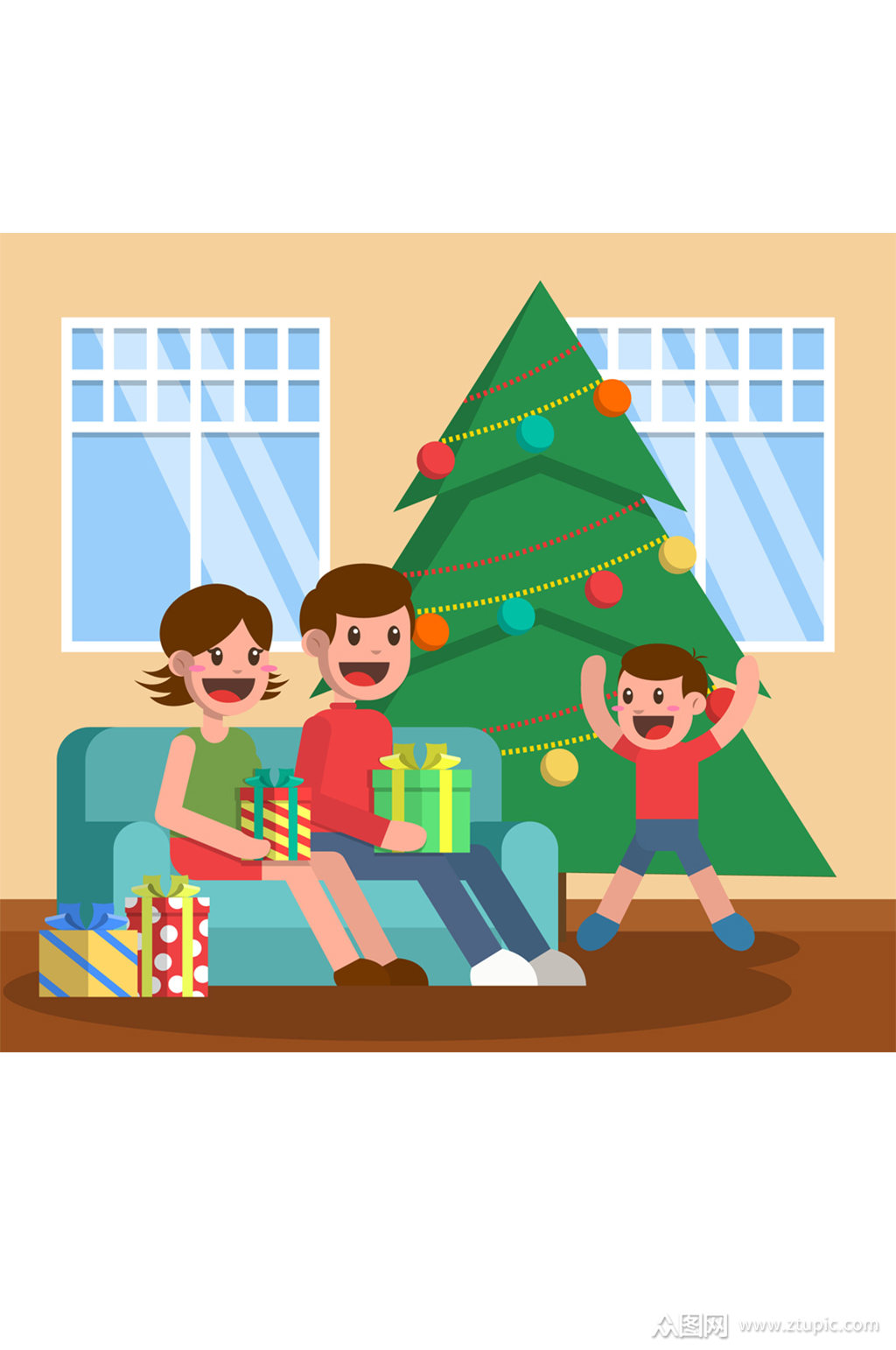 创意圣诞客厅里的一家三口矢量素材