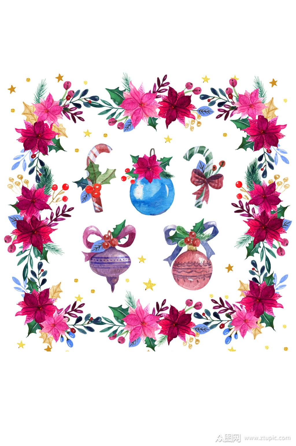 水彩绘圣诞花环和5款装饰物矢量图