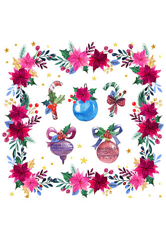 水彩绘圣诞花环和5款装饰物矢量图