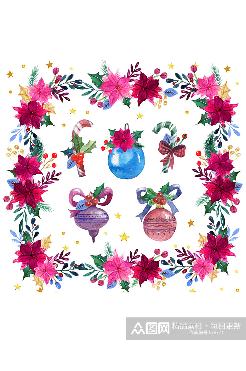 水彩绘圣诞花环和5款装饰物矢量图素材
