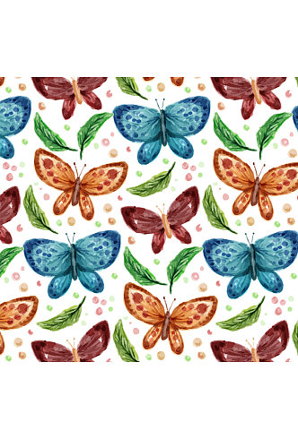 水彩绘蝴蝶和叶子无缝背景矢量图