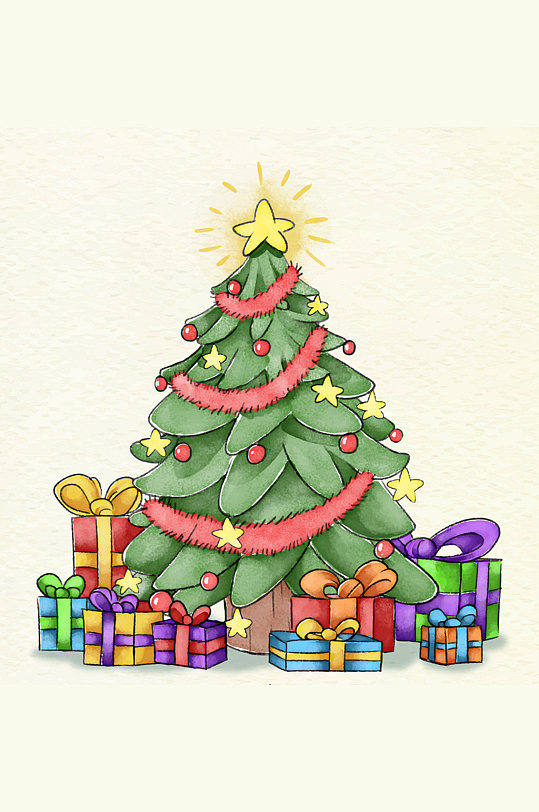 彩绘圣诞树和礼盒矢量素材-众图网