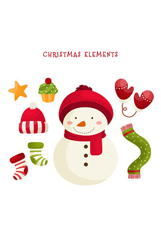 可爱雪人和7款圣诞元素矢量图