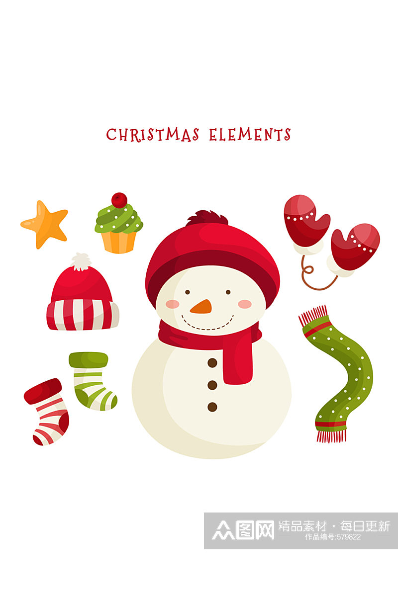 可爱雪人和7款圣诞元素矢量图素材