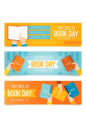 3款彩色书籍世界图书与版权日矢量图