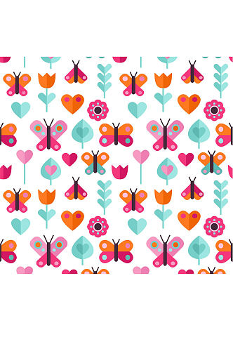 彩色扁平化蝴蝶和花卉无缝背景矢量图