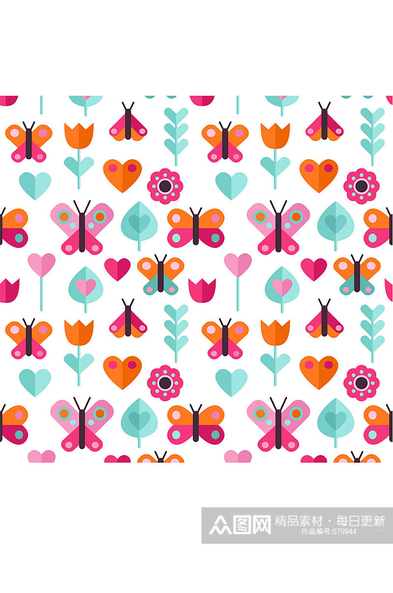 彩色扁平化蝴蝶和花卉无缝背景矢量图素材