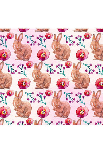 水彩绘兔子和花卉无缝背景矢量图