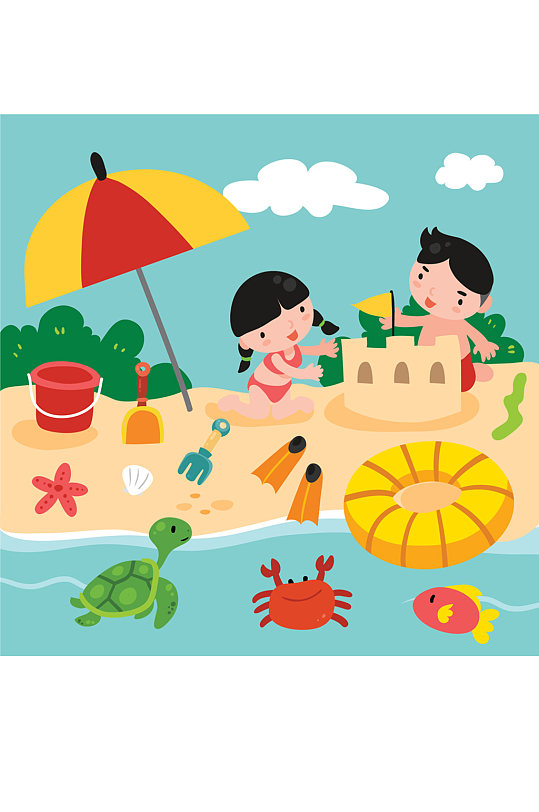 卡通沙滩上玩耍的2个儿童矢量图