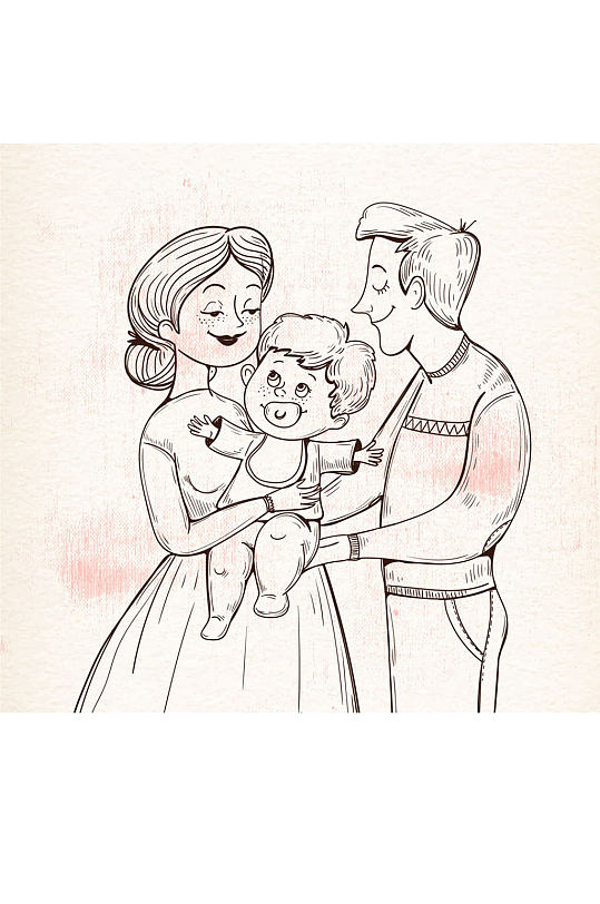 手绘幸福三口之家矢量素材